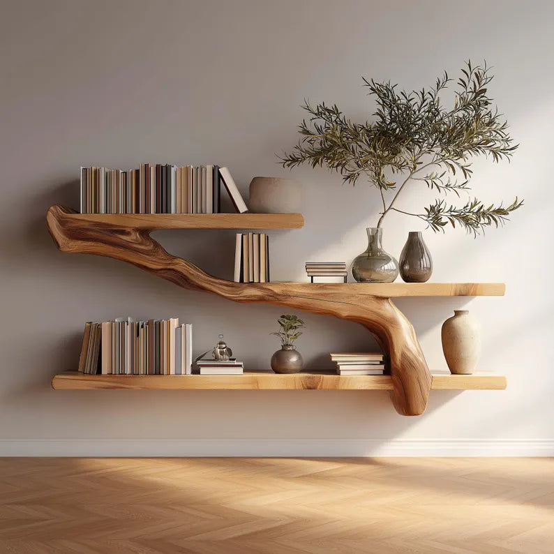 Driftwood Floating Bookshelf | Tree Shaped Solid Wood Shelf | Rustic Nursery Wall Bookshelf | Kids Room Decor | Handmade Wooden Wall Shelf